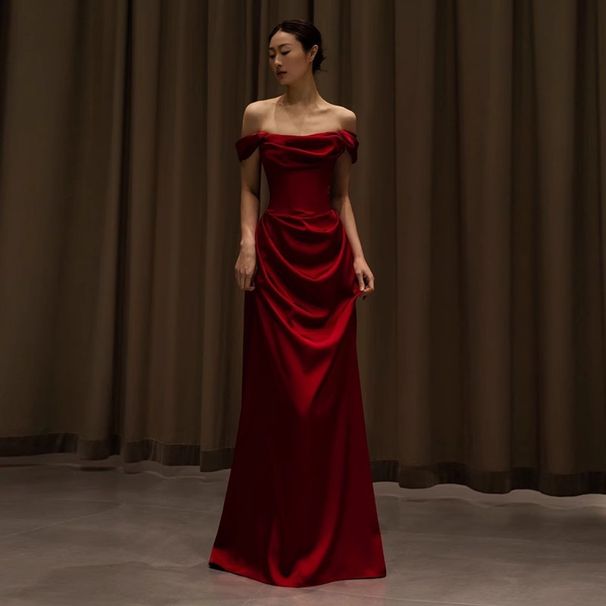 Women's Clothing One Shoulder Toast Dress High End Light Luxury Bride Engagement Dress New Style Small Tail Slim Satin Dress_ecoleips.com