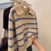 Women's Blue Striped Polo Neck Knit Sweater - Soft & Cozy Oversized Pullover For Autumn Winter, Casual Loose Fit Top For Layering_ecoleips.com