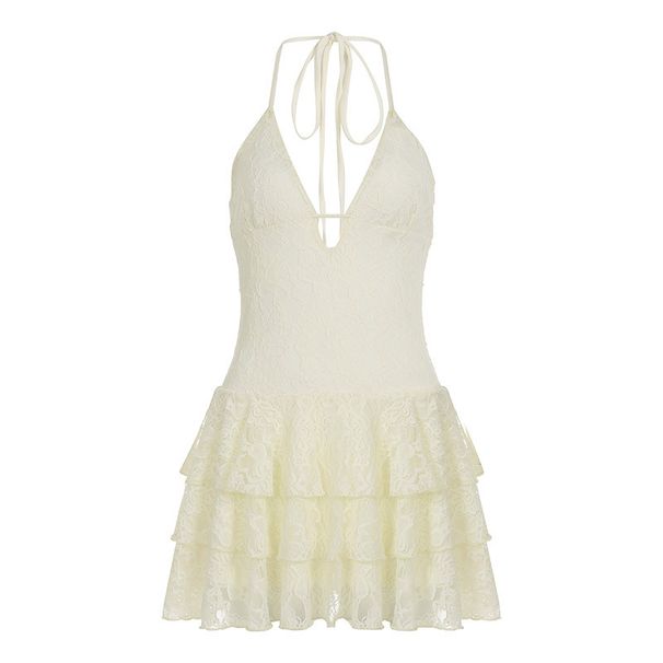 Summer European And American Women's Clothing Sexy V-neck Halter Slim Lace Waist-Cinching Short Cake Dress_ecoleips.com