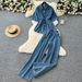 Retro Hot Girl Style Denim Outfit For Women: Summer Drawstring Polo Collar Shirt Top And Elastic Waist Slim Wide-Leg_ecoleips.com