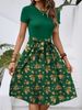 Cross-border European And American Fashion Trendy Round-neck Short-sleeve Color-blocked Waist-cinching Floral Print Midi_ecoleips.com