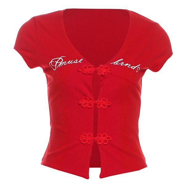 Women's Street Style Short T-Shirt Top Letter Print Button Hollow Out Detail Autumn New Fashion Hot Girl_ecoleips.com