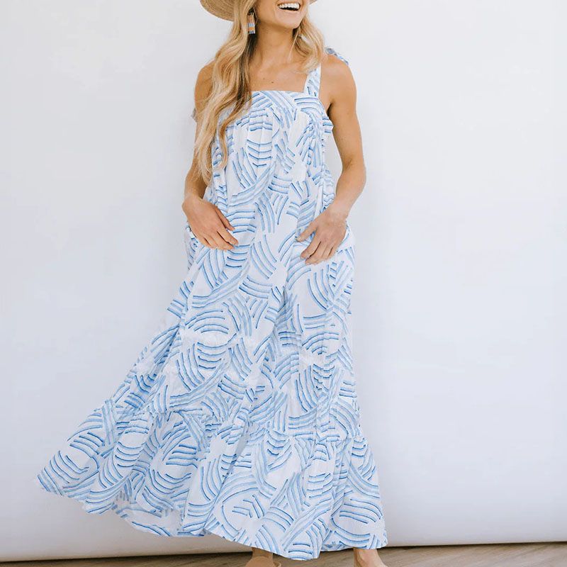 Bow Suspender Pleated Casual Dress Sexy Backless Hollow Out Summer Women's Dress Floral Print Swing Beach Maxi Dresses Vestidos_ecoleips.com