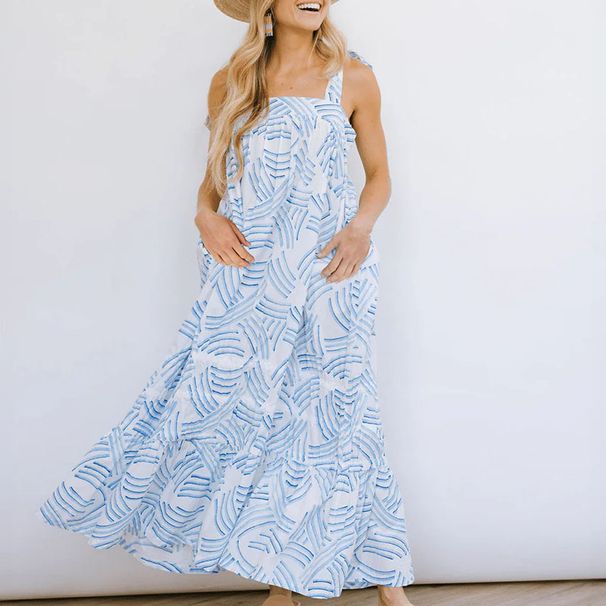 Bow Suspender Pleated Casual Dress Sexy Backless Hollow Out Summer Women's Dress Floral Print Swing Beach Maxi Dresses Vestidos_ecoleips.com