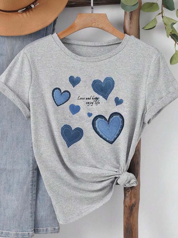 Women Cowboy Heart Print T-Shirt For Valentine's Day Gifts Fashion Crew Neck Short Sleeve T-Shirt Casual Women's Clothing_ecoleips.com