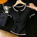 Women's Color Blocked Half Button V Neck Short Sleeved Knit T Shirt Slim Fit Fashionable Top For Summer_ecoleips.com