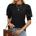 2025 Summer Cross-Border Trade Europe And America Casual Simple Round Neck Puff Sweater Solid Color Short Sleeve_ecoleips.com