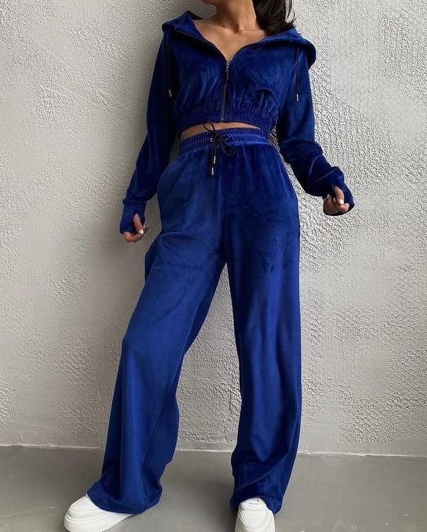 Women's Clothing Suit Solid Color Long Sleeve Zipper Hoodie Lace up Pants Two piece Set_ecoleips.com