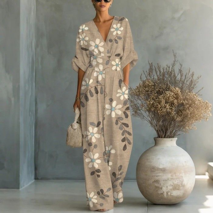 Elegant V Neck Printed Jumpsuit Waist Cinching Women's Clothing Spring Summer New_ecoleips.com