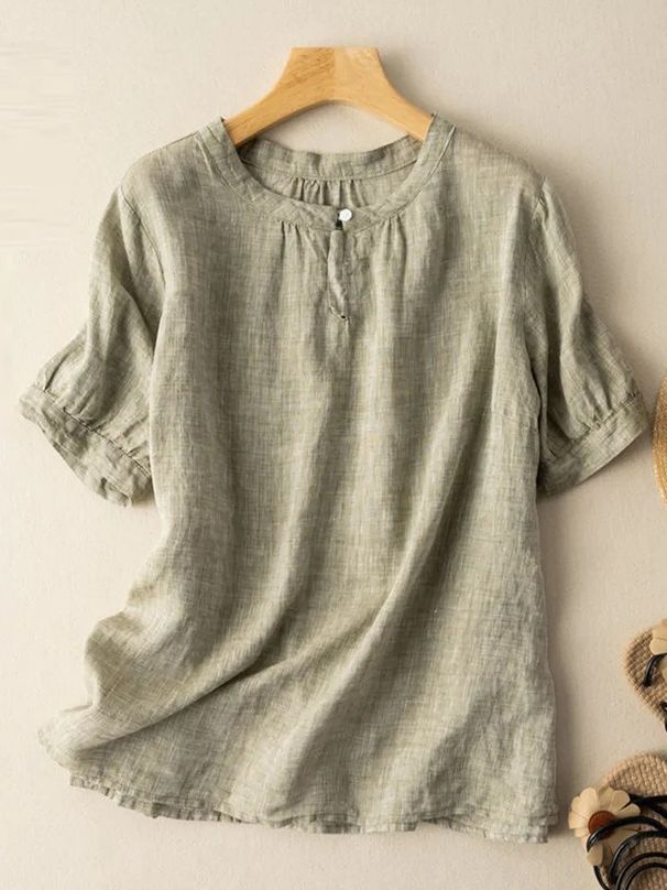 Artistic Plus Size Casual Cotton And Linen Short-Sleeved T-Shirt Women's Summer Solid Color All-Match Loose Slimming Des_ecoleips.com
