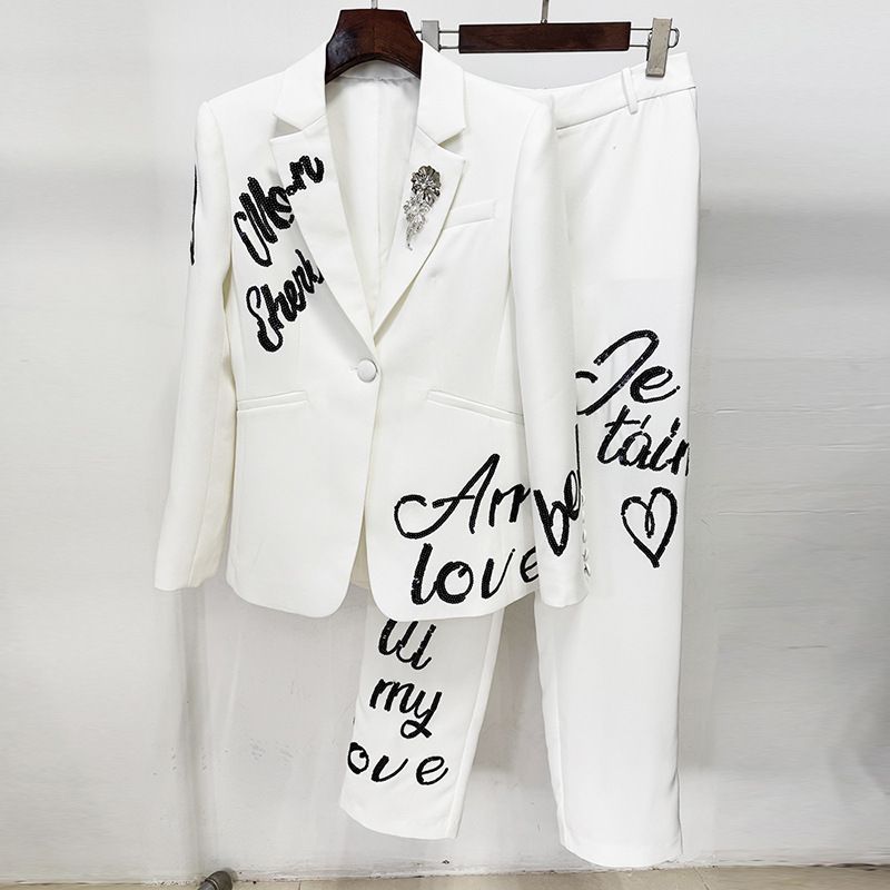 2026 Early Spring New Style Celebrity Fashion English Letter Embroidered Sequin Suit Jacket And Trousers Set (Two Pieces)_ecoleips.com