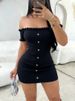 Women's Pink Off Shoulder Sundress Short Sleeve Ruffle Trim Button Stretchy Knit Bodycon Mini Dress Sweethot Summer Party Dress_ecoleips.com