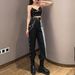 women's clothing black plaid chain jeans for women spring design high waist slim straight wide leg pants_ecoleips.com