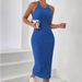 Women's Clothing Round Neck Solid Color Dress All Match No Fork Belt Knitted Sweater Backless Dress_ecoleips.com