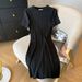 Women's Clothing Round Neck Short Sleeve Dress Sweet Solid Color Versatile Knitted Skirt_ecoleips.com