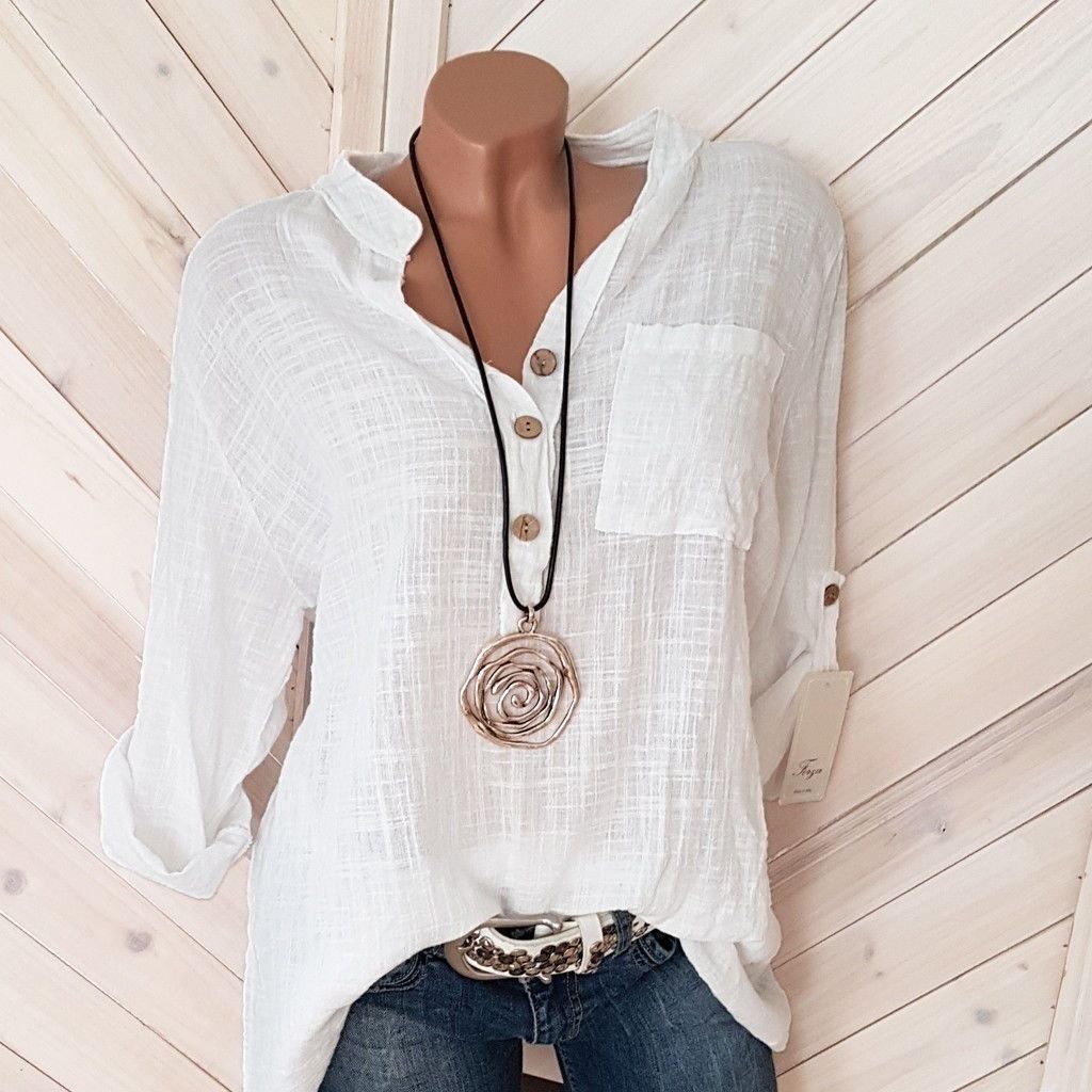 2019 European American Spring/Summer Solid Color V-neck Pocket Women's Blouse, Multiple Colors And Sizes_ecoleips.com