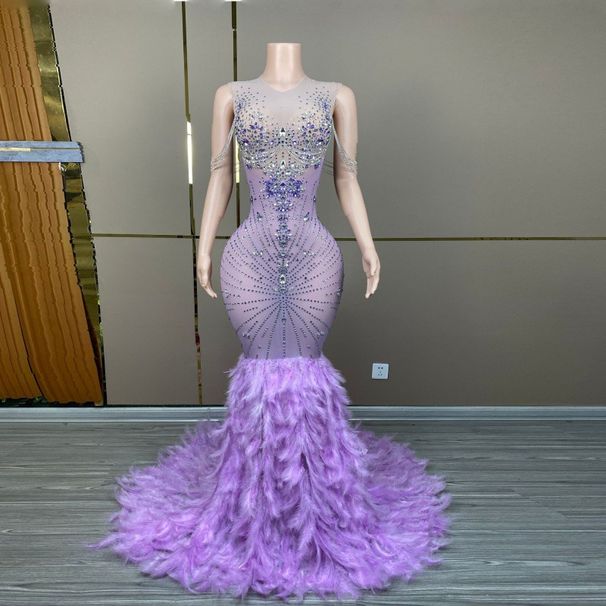 Women's Clothing Diamond Feather Long Skirt Model Catwalk Annual Meeting Purple Heavy Sequins Shiny Diamond Chain Feather Respect_ecoleips.com