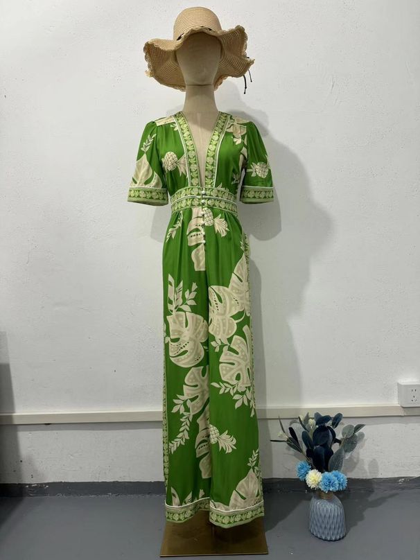 Women's Clothing Printed Jumpsuit V Neck Short Sleeved_ecoleips.com