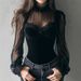 Mesh Patchwork Black Hollow Out Top Lantern Sleeve Lace Base Shirt_ecoleips.com