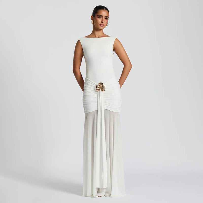 Sexy Solid Color Sleeveless Backless Slit Pleated High Waist Long Dress Women Summer Casual Evening Party Maxi Dress_ecoleips.com
