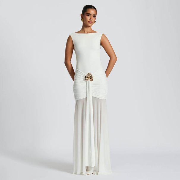 Sexy Solid Color Sleeveless Backless Slit Pleated High Waist Long Dress Women Summer Casual Evening Party Maxi Dress_ecoleips.com