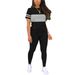 Fashionable Women's Two-Piece Suit round Neck Short Sleeved Color Block Top And Trousers European American Style_ecoleips.com