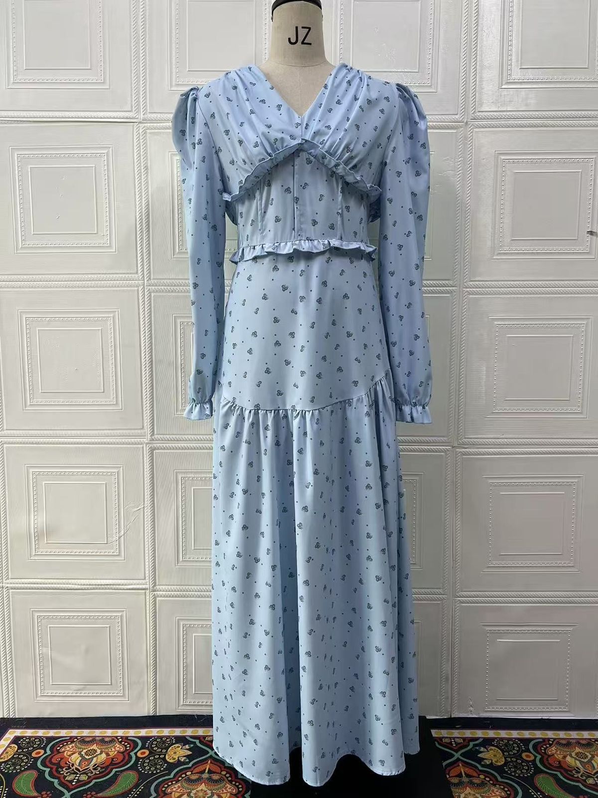Elegant Floral Print V-Neck Maxi Dress With Elastic Waist For Women, Casual & Office Wear, Blue & Pink Options_ecoleips.com