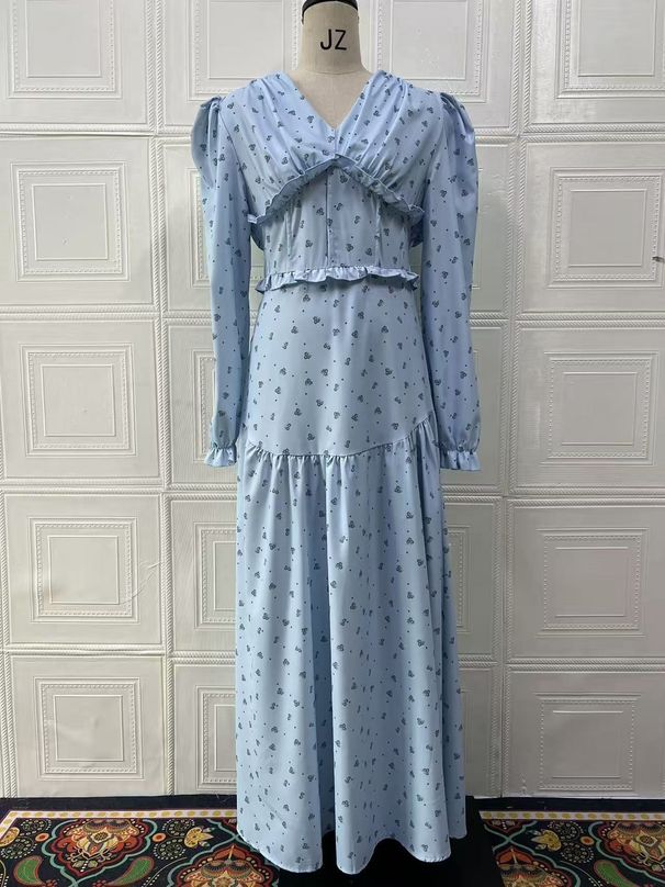 Elegant Floral Print V-Neck Maxi Dress With Elastic Waist For Women, Casual & Office Wear, Blue & Pink Options_ecoleips.com