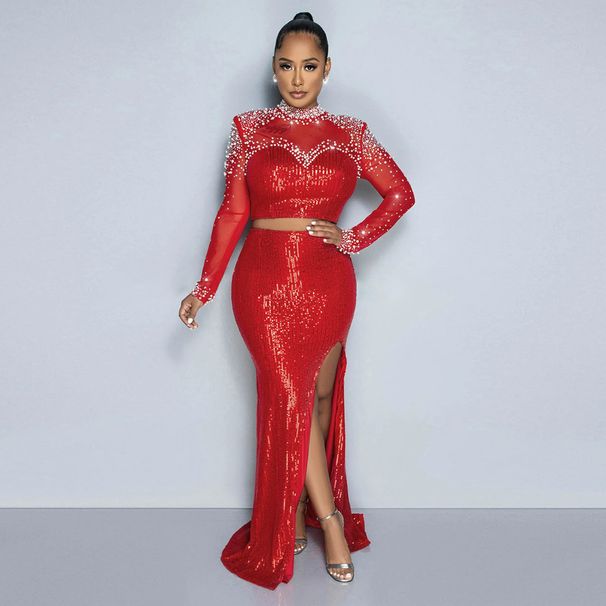 Women's Clothing Fashionable Round Neck Mesh Sequined Long Sleeved Top With High Slit Long Skirt Two Piece Set For Women_ecoleips.com