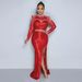 Women's Clothing Fashionable Round Neck Mesh Sequined Long Sleeved Top With High Slit Long Skirt Two Piece Set For Women_ecoleips.com