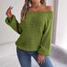 Solid Color Hollow One-word Collar Off-the-shoulder Lantern Sleeve Sweater Women's Clothing_ecoleips.com