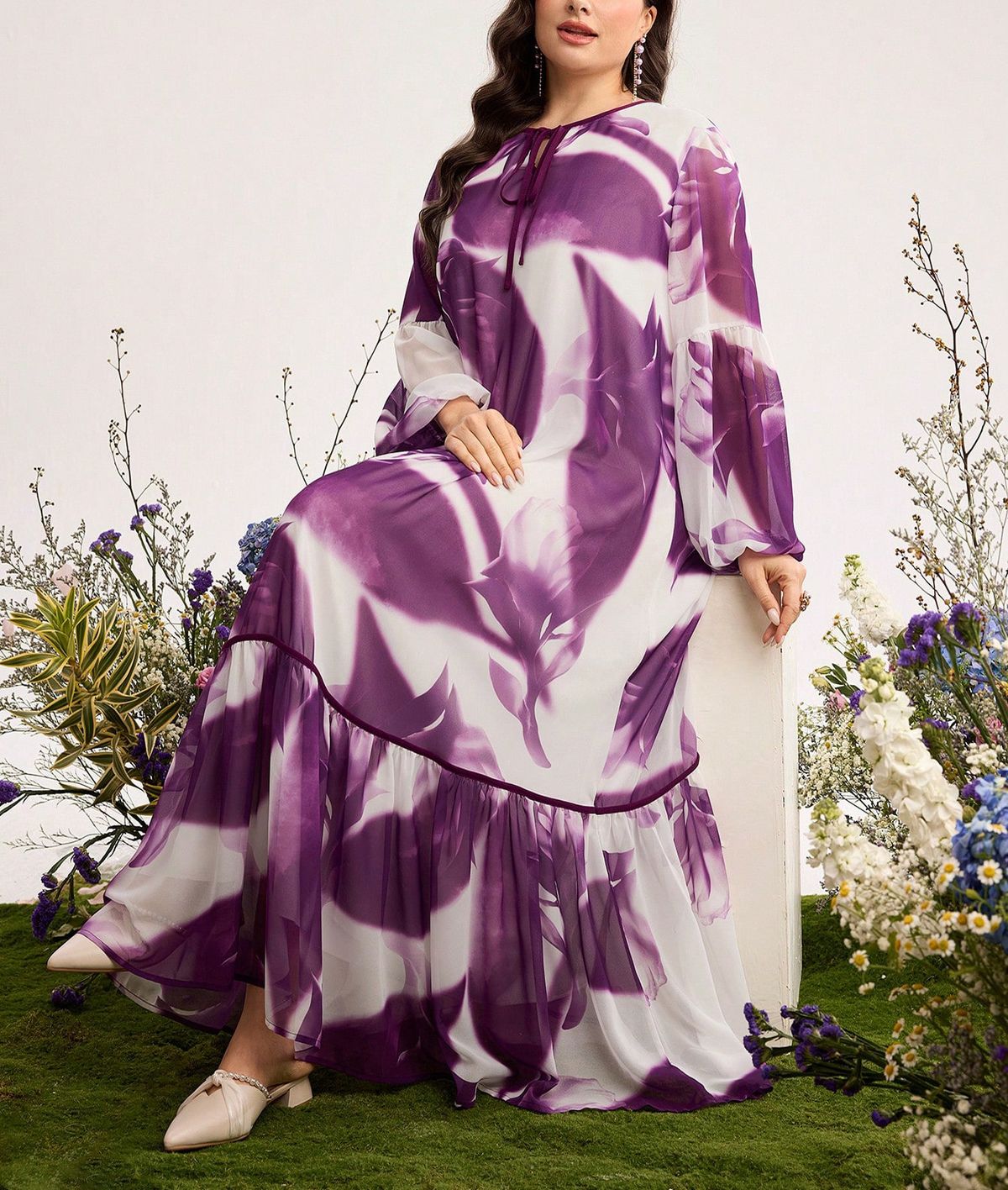 Plus Size Dress With Artistic Tie-Dye Print | V-Neck Long Sleeve Wrap Belt Maxi Dress | Elegant A-Line Flowy Dress For Women (Purple, 0XL-4XL)_ecoleips.com