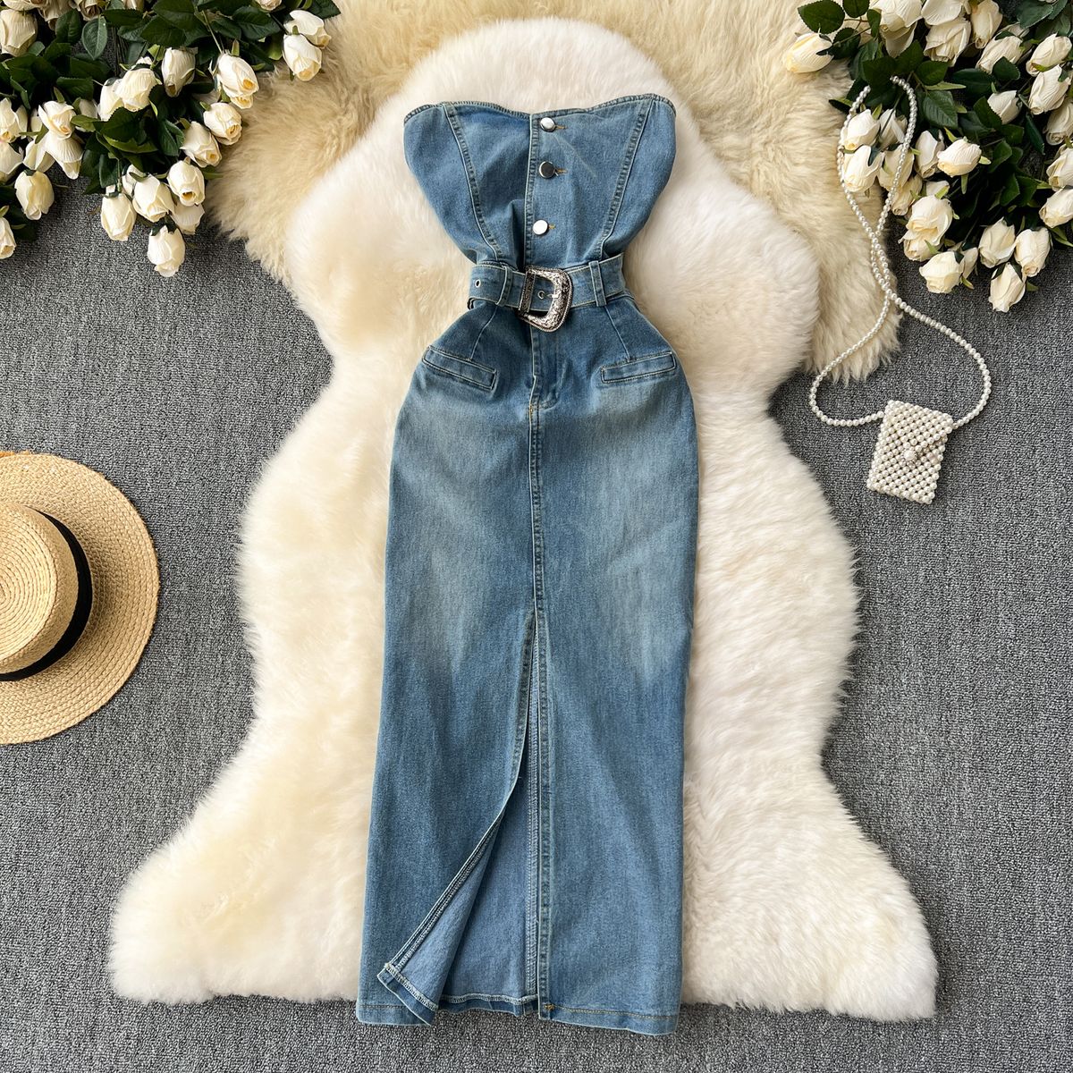 Women's Clothing Sleeveless Tube Top Dress For Women Summer New Pure Desire Hot Girl Waist Hip Slit Denim Long Skirt_ecoleips.com