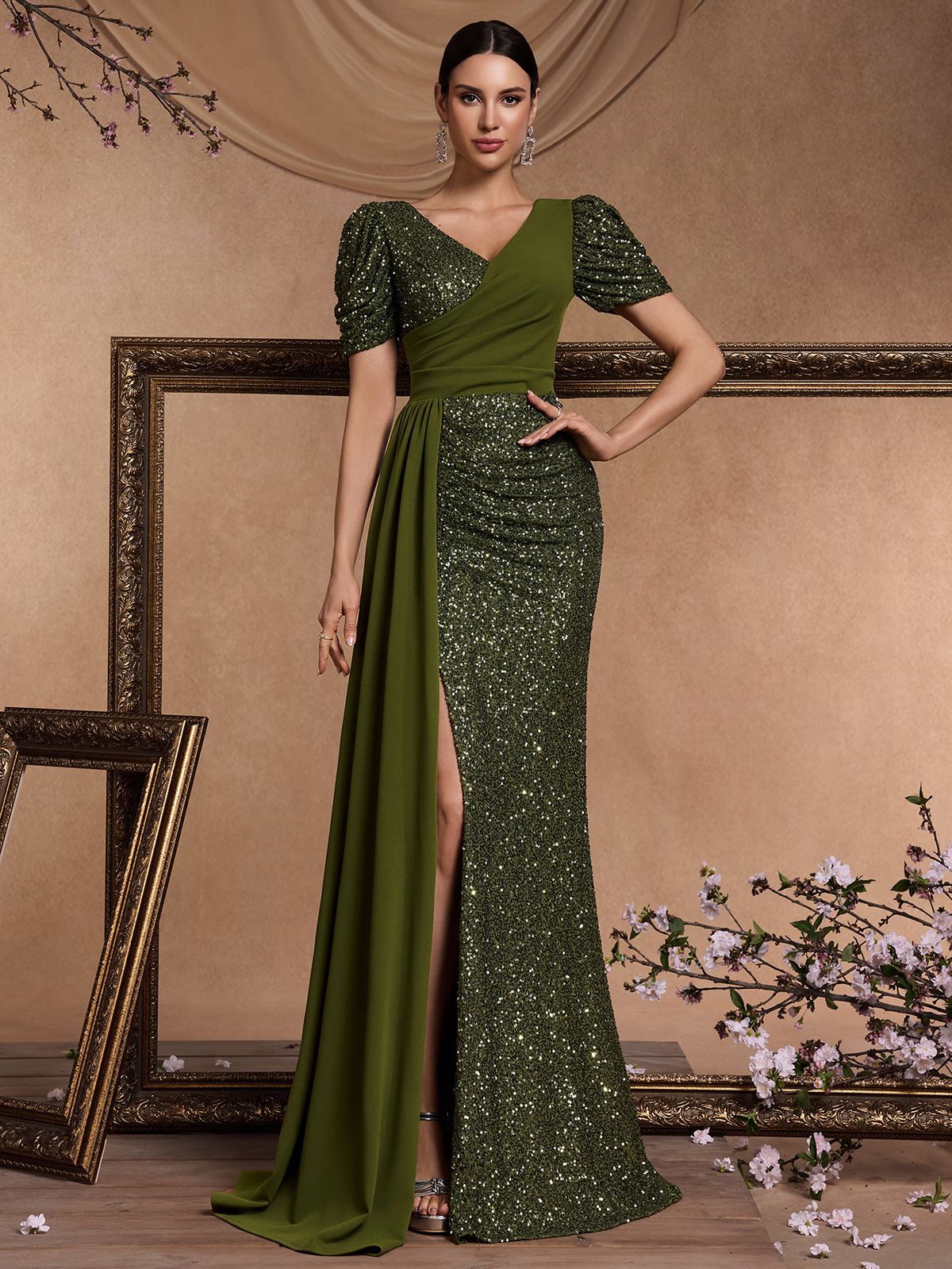 Women's Clothing New Elegant Beaded Patchwork Fitted V Neck Short Sleeve Temperament Gorgeous Noble Cocktail Party Formal Dinner Dress_ecoleips.com