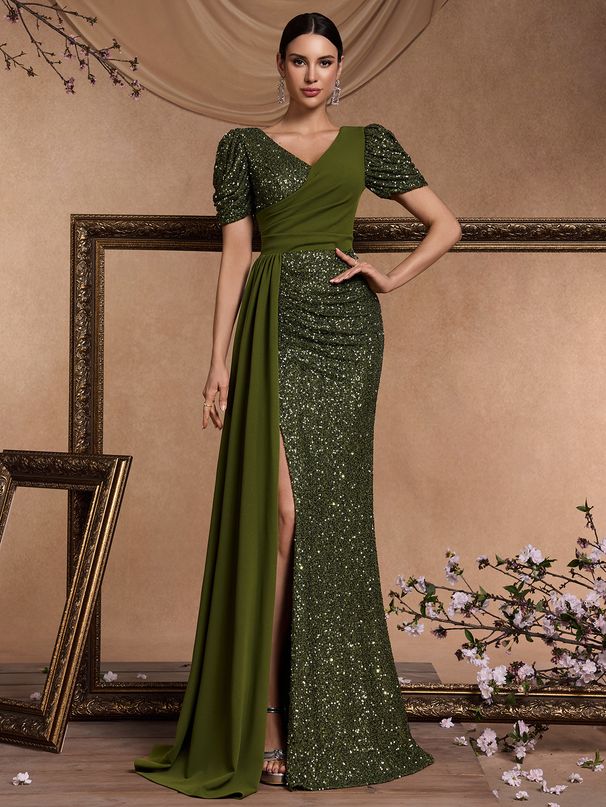 Women's Clothing New Elegant Beaded Patchwork Fitted V Neck Short Sleeve Temperament Gorgeous Noble Cocktail Party Formal Dinner Dress_ecoleips.com
