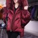 Women's Fashionable Angora Red Down-Alternative Coat, Lightweight Long Puffer Jacket For Winter, Elegant Oversized Style With Faux Fur Collar_ecoleips.com