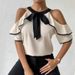 Ruihou Women's Double Layer Short Sleeve Shirt Casual Elegant Fashion Bow Tie Collar Pullover Spring/Autumn Summer Thin_ecoleips.com