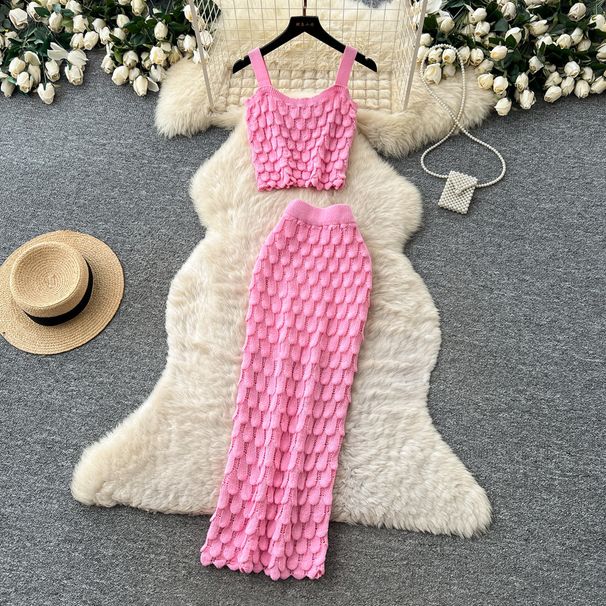 Retro Hong Kong Style Knitted Two Piece Set for Women Slim Fit Summer Vest High Waisted Skirt Versatile Commuter Style_ecoleips.com