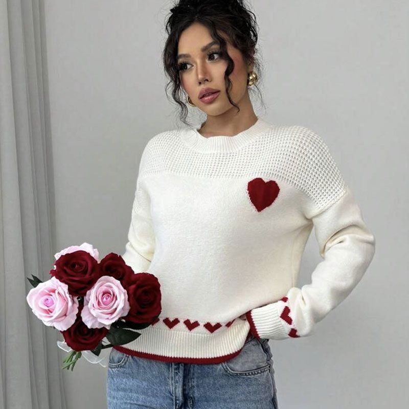 Couple Matching Sweaters Romantic Heart Embroidery Pullover Acrylic Knit Sweater Women Oversized Fit_ecoleips.com