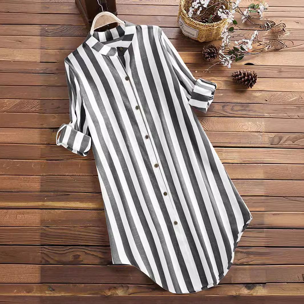 K Medium To Long Casual Striped Shirt Long Sleeved Plus Size Women's Sleeveless Shirt_ecoleips.com