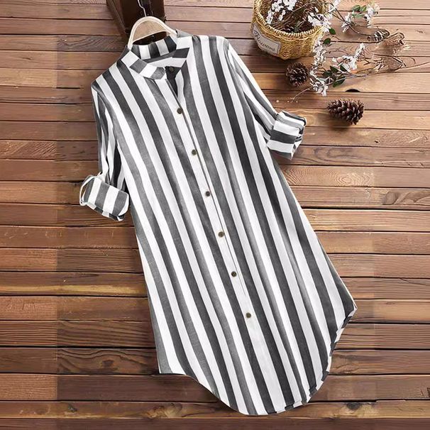 K Medium To Long Casual Striped Shirt Long Sleeved Plus Size Women's Sleeveless Shirt_ecoleips.com