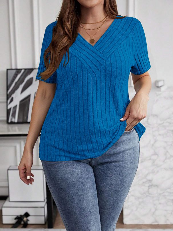 Plus-Size Brushed Ribbed V-Neck T-Shirt For Women – Soft Cross-Front Casual Top, Spring 2025 Trendy Essential_ecoleips.com