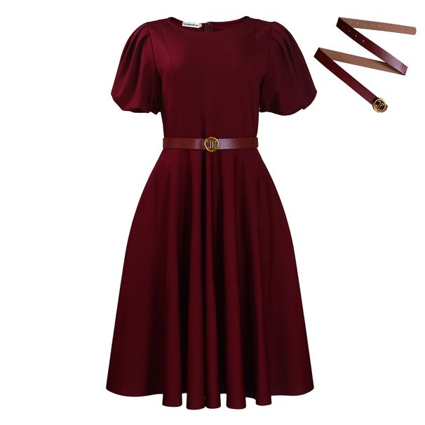 Women's Clothing Round Neck Temperament Elegant Waist Big Swing Puff Sleeve A Line Skirt African Dress_ecoleips.com