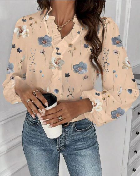 Flounce Detail Long Sleeve Blouse – Soft Polyester-Spandex Blend, Oversized Fit, Round Neck (White/Black/Dusty Pink | S-6xl)_ecoleips.com