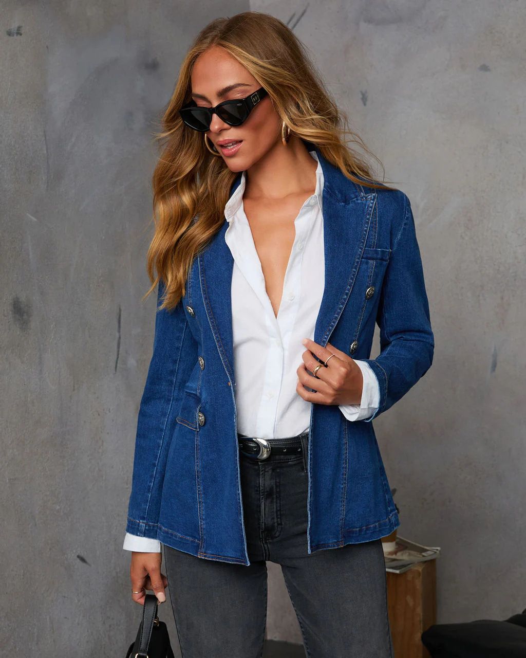 Women's Washed Blue Denim Blazer Jacket, Slim Fit Casual Office Wear, Stretch Comfort, Classic Western Style, S/M/L/XL_ecoleips.com