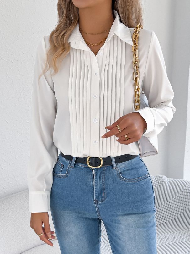 Elegant Pleated Solid Color Button Long Sleeved Blouse For Women Spring/Summer Commuter Shirt Regular Fit Polyester_ecoleips.com