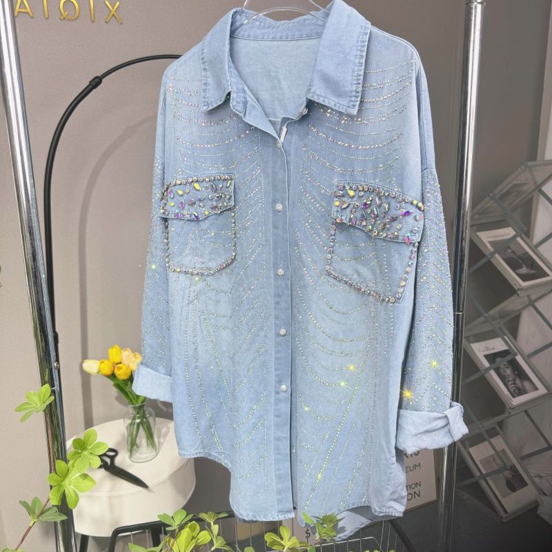Women's Clothing Early Spring Striped Crystal Hot Diamond Denim Jacket Casual Loose Shirt_ecoleips.com