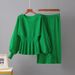 Women's Spring Casual Knitted Two Piece Suit round Neck Solid Color Slimming Hip Waist Woolen Skirt Fashion Set_ecoleips.com