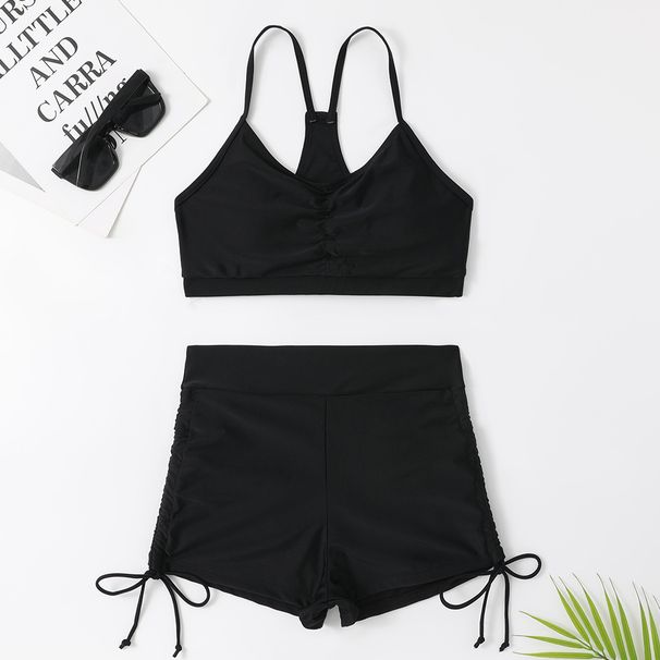 Women's Split High-waisted Boxer Briefs, Drawstring Design, Tight And Slim Female Swimsuit._ecoleips.com