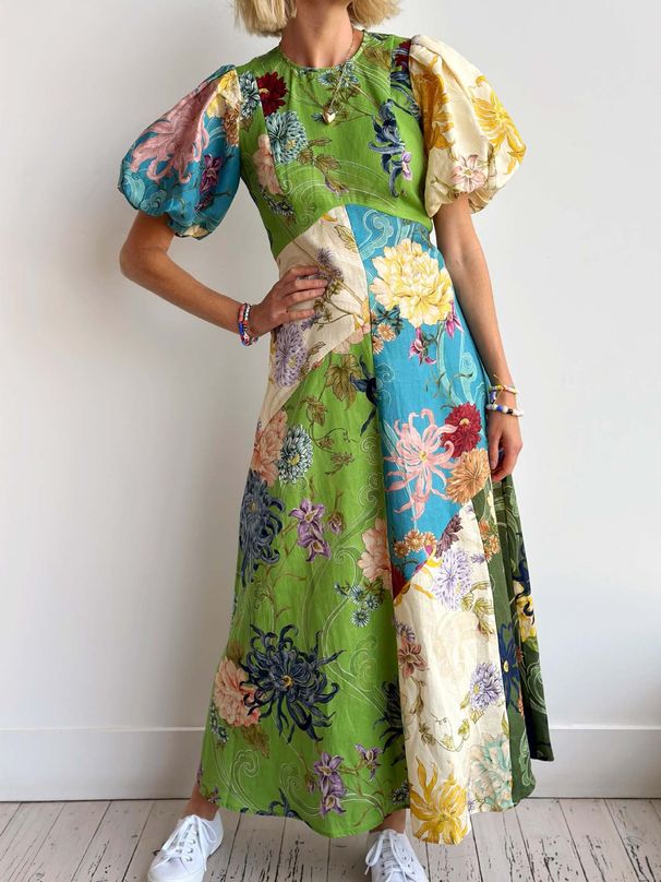 Women's Clothing Graffiti Lantern Sleeve Casual Fashion Round Neck Linen Dress_ecoleips.com